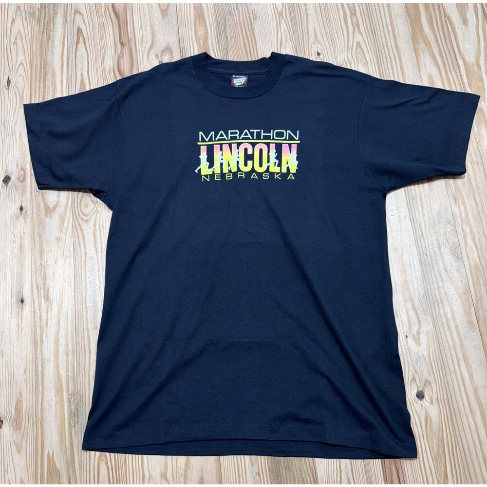 Vtg Screen Stars Single Stitch T Shirt Marathon Lincoln Nebraska Running XL USA